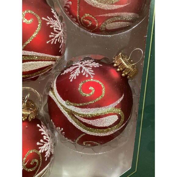 Krebs Glass Christmas Ornaments Red Velvet Balls Gold / White Scrolls Snowflakes - Picture 7 of 9